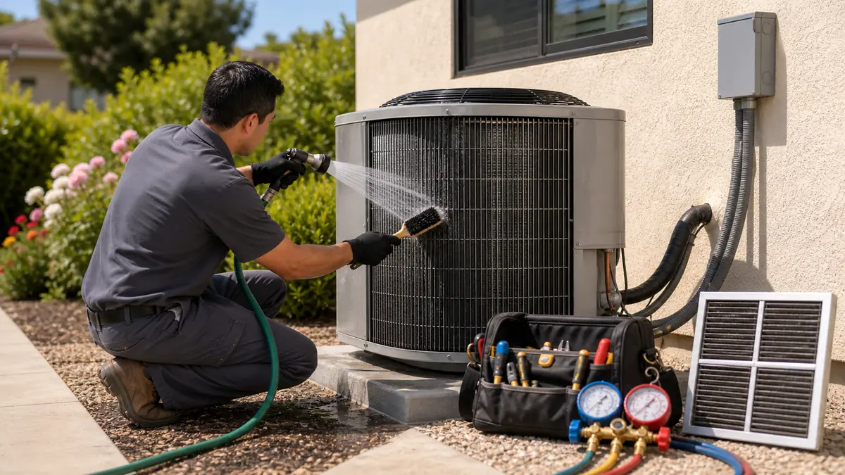 Technician cleaning a Trane Spine Fin condenser coil at an Alhambra home